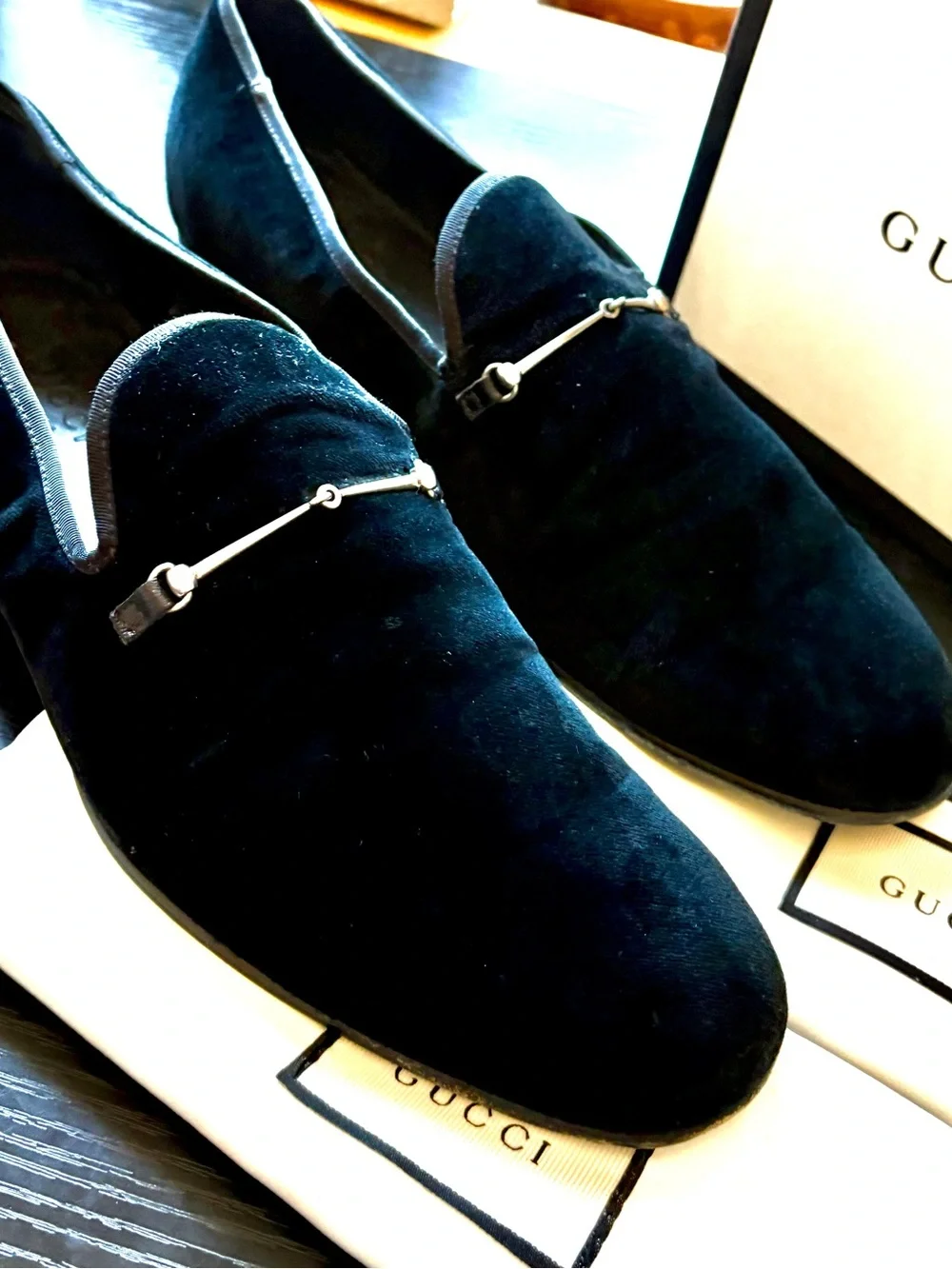 Gucci Men's Navy Velvet Horsebit Loafers